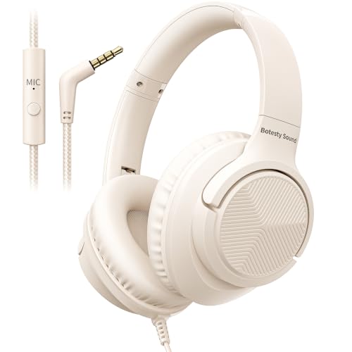 Botesty Sound Headphones Wired with Microphone, Over Ear Foldable 3.5mm Plug in Headphones Corded with 4.9ft Tangle-Free Nylon Cord for Tablet, Laptop, MP3/4, School, Airplane Travel (Beige) - color: Beige White