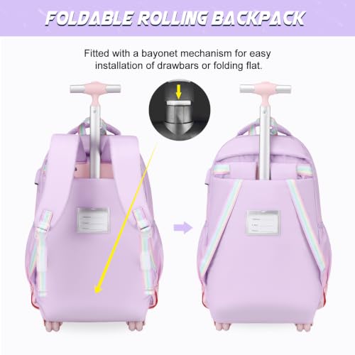 DIGOBAY Rolling Backpack for Girls, Cute Roller School Bag with Wheels, Kids Wheeled Backpacks Set with Lunch Bag Pencil Case for Teen Girls Kindergarten Elementary Middle School - color: Purple-pink