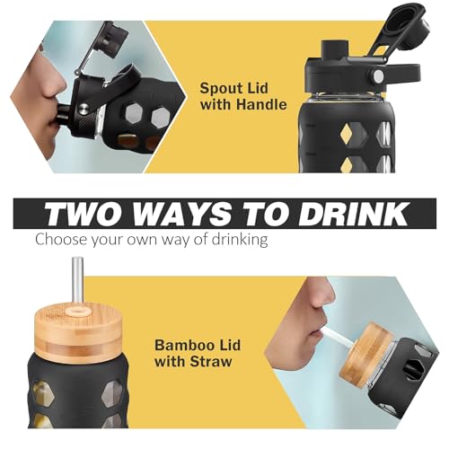 MUKOKO Glass Water Bottle, 32oz, Black | Glass Tumbler with Straw, Drinking Bottles with 2 Lids-Handle Spout Lid & Bamboo Straw Lid, Silicone Sleeve, 1 Pack - color: Black, size: 32 Ounces