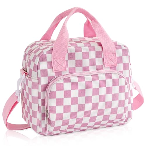 Large Lunch Bag for Women Checkered Insulated Lunch Box Reusable Cooler Bag Portable Cute Corduroy Leakproof Tote Bags for Travel, Work, and Picnic, Pink and White - color: Pink and White, size: L