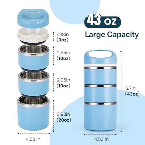 Lille Home Stackable Stainless Steel Thermal Compartment Lunch/Snack Box, 3-Tier Insulated Bento/Food Container with Lunch Bag and Three Extra Seals, 43OZ (Blue) - color: Blue