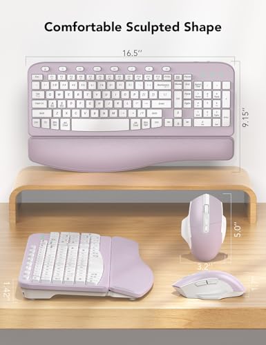 SABLUTE Wireless Keyboard and Mouse Combo with Ergonomic Wave Key | Leather Soft Palm Rest, 2.4G Full Size, 6-Button Mouse, 4-Level DPI, USB-A/C, MA12 Set for PC, Laptop, Windows, Mac (Purple) - color: Lavender Purple