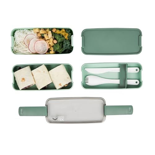 Bento Tek 30 Ounce Bento Box, 1 Stackable 3 Compartment Lunch Container - With Fork And Knife, Does Not Contain BPA, Green Plastic Reusable Lunch Box, Microwavable, Dishwashable - Restaurantware - size: 1 Count, style: 30 oz - Green