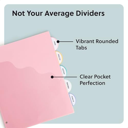 U Brands 5 Tab Poly Binder Dividers with Pocket, Pastel Drift, 3-Hole Punched, 10 Blank Labels, Transparent Pocket, Durable No-Tear - color: Pastel Drift