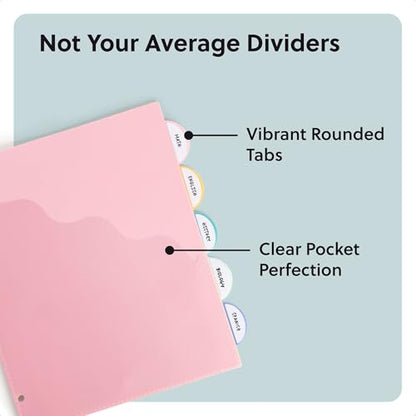 U Brands 5 Tab Poly Binder Dividers with Pocket, Pastel Drift, 3-Hole Punched, 10 Blank Labels, Transparent Pocket, Durable No-Tear - color: Pastel Drift