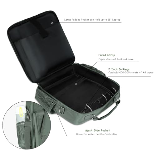 3 Ring Zipper Binder 500-Sheet Zipper Binder Adjustable Shoulder Strap & Handle for 14 Inch Laptop for School and Office (Green)