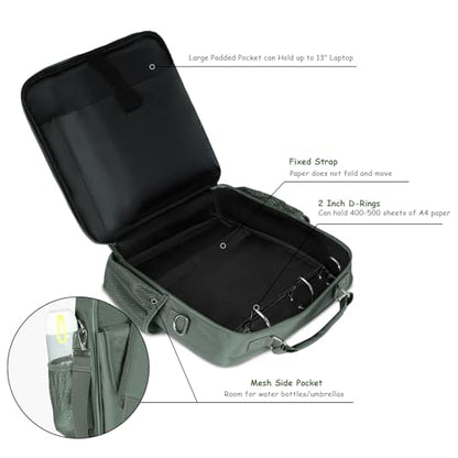 3 Ring Zipper Binder 500-Sheet Zipper Binder Adjustable Shoulder Strap & Handle for 14 Inch Laptop for School and Office (Green)