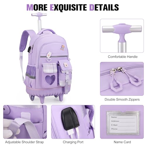 ACESAK Rolling Backpack for Girls - Roller Wheels School Bookbag with Lunch Bag & Pencil Pouch for Teen Girls Kids Wheeled Suitcase Backpacks, Elementary Middle School Travel Daypack (Purple) - color: Purple