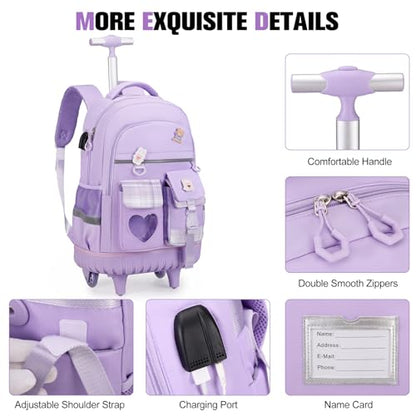 ACESAK Rolling Backpack for Girls - Roller Wheels School Bookbag with Lunch Bag & Pencil Pouch for Teen Girls Kids Wheeled Suitcase Backpacks, Elementary Middle School Travel Daypack (Purple) - color: Purple