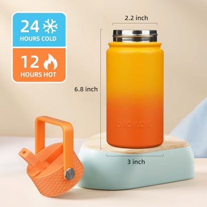 BJPKPK Insulated Water Bottle, 15oz Stainless Steel with Straw Lid | Leak Proof, BPA-Free, Vacuum Insulated, Keep Drink Cold & Hot, Metal Water Bottle for Travel, Gym, Office, Cupholder Friendly - color: Sunset Orange, style: N-15oz-Color Lid