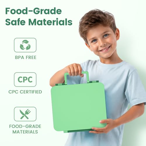 LOHASOK Bento Lunch Box Kids with 8oz Soup Thermo, Leak-Proof Lunch Containers with 4 Compartment, Thermo Hot Food Jar and Insulated Lunch Box for School Green - color: Green