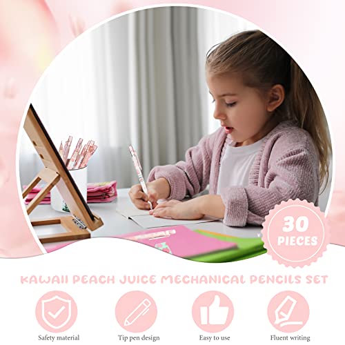 Breling 30 Pcs Kawaii Peach Mechanical Pencil Gift Set 12 Mechanical Japanese Pencils 6 Cute Peach Eraser 12 Tube HB Refill First Day of School Office Gift(0.5mm) - size: 0.5mm