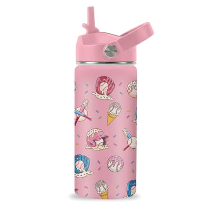Hiboss Baseball Pink Water Bottle for Girls, 16oz Kids Stainless Steel Insulated Water Bottle with Straw Lid, Ice Cream Baseball Cup Tumbler Birthday Gift for Girls - color: Baseball