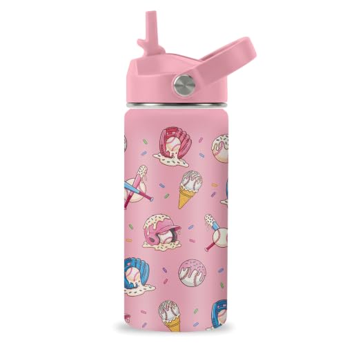 Hiboss Baseball Pink Water Bottle for Girls, 16oz Kids Stainless Steel Insulated Water Bottle with Straw Lid, Ice Cream Baseball Cup Tumbler Birthday Gift for Girls - color: Baseball