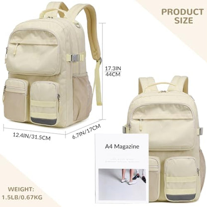 Big Student Backpack for Teen Girls Boys, Water Resistant Multi Pockets Daypack with 15.6 Inch Laptop pocket for Travel School College (Beige) - color: Beige