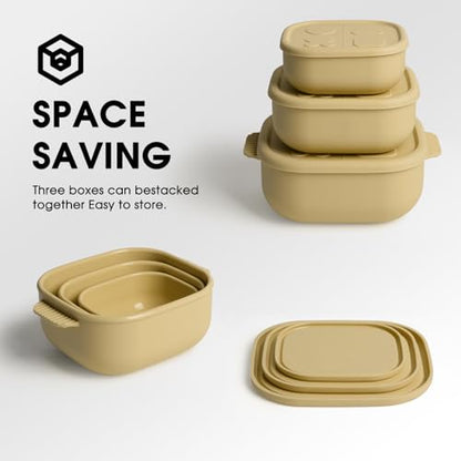 Silicone Bento Box ｜Food Grade & Leakproof Lunch Box Bento with Lids ｜3-Piece Space-Saving Nesting Kit Food Storage Containers Set (Yellow) - color: Yellow
