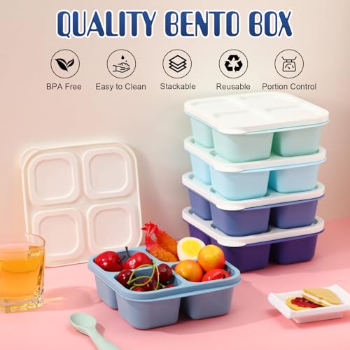 Honeydak 5 Pack Snack Containers 4 Compartment Bento Snack Boxes Reusable Lunchable Containers with Lids Divided Meal Prep Lunch Food Storage Box for School Work Travel(Blue Ombre,Equal) - color: Blue Ombre, style: Equal