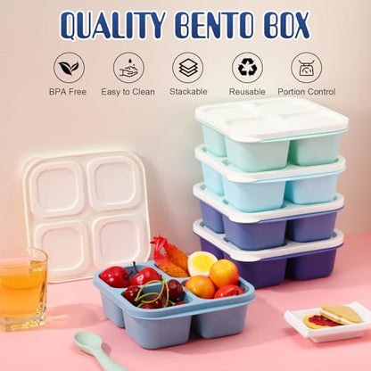 Honeydak 5 Pack Snack Containers 4 Compartment Bento Snack Boxes Reusable Lunchable Containers with Lids Divided Meal Prep Lunch Food Storage Box for School Work Travel(Blue Ombre,Equal) - color: Blue Ombre, style: Equal