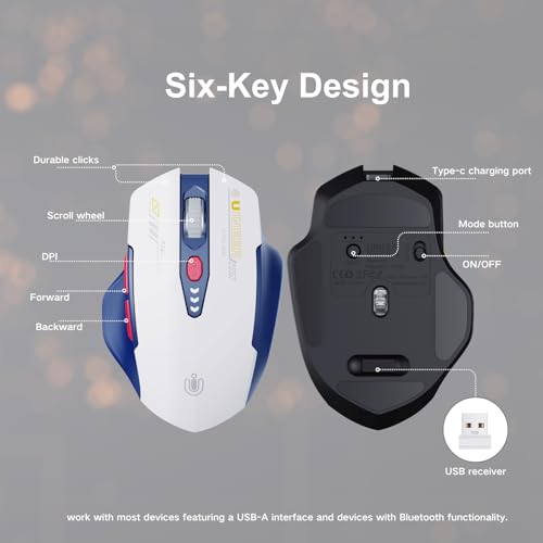 Uineer Bluetooth Mouse - Multi-Device Wireless, Rechargeable Ergonomic Mouse with Visible Battery Level, Tri-Mode (BT 5.0/4.0+2.4G Hz), 4 Adjustable DPI, Coldless for Laptop and PC (Blue White) - color: Blue White