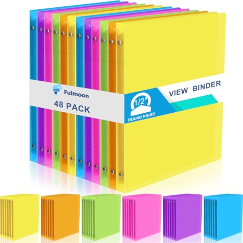 Fulmoon 48 Pack 3 Ring Plastic Binders 1/2 Inch Bulk with 2 Pockets, Flexible Binder Loose Leaf Hardcover, Fit 12" x 10" US Letter Size Paper, for School Office Home, 6 Colors(Bright) - color: Bright, size: 0.5 Inch