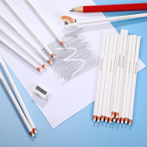 Maitys 20 Pcs Eraser Pencils for Artists Pencils and 2 Pcs Sharpener Wooden Sketch Professional Highlight Painting Eraser Pen for Sketching Charcoal Drawings, Revise Erasing Details for Beginners - style: Without Top Eraser