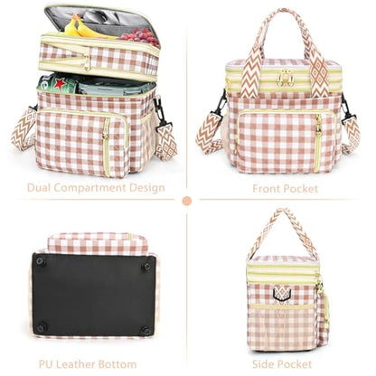 LOKASS Lunch Box for Women-16L-Insulated Lunch Bag Women, Expandable Double-layer Leakproof Cooler Bag with Upgrade Adjustable Shoulder Strap Ideal for Work/Travel/Picnics（Brown&White Check） - color: Brown&White Check