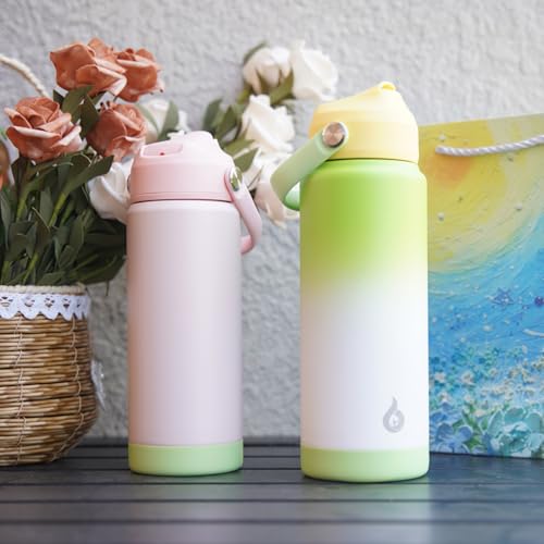 BJPKPK Insulated Water Bottle with Straw Lid, 12oz Thermo Water Bottles with Soft Nozzle, Flex Handle & Non-slip Boot, BPA Free Leak Proof Stainless Steel Metal Thermo, Tumblers, Cups,Rainbow - color: Rainbow, size: 12 Ounces