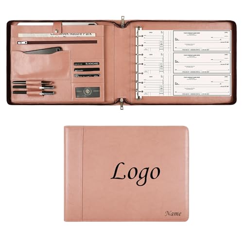 DUKE&COW Vegan Leather Business Checkbook Binder - 7 Ring Check Binder Zippered Business Check Binder with Check Book Holder for 3 Per Page 600 Checks Capacity for 9 x 13 inch Sheets, Pink - Custom - color: Pink, size: Custom
