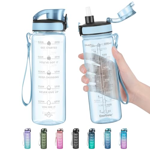 Enerbone Water Bottle, Leakproof BPA & Toxic Free, Motivational Water Bottle with Times to Drink and Straw, Fitness Sports Water Bottle with Strap for Office, Gym, Outdoor Sports - color: Sky, size: 24 Ounces