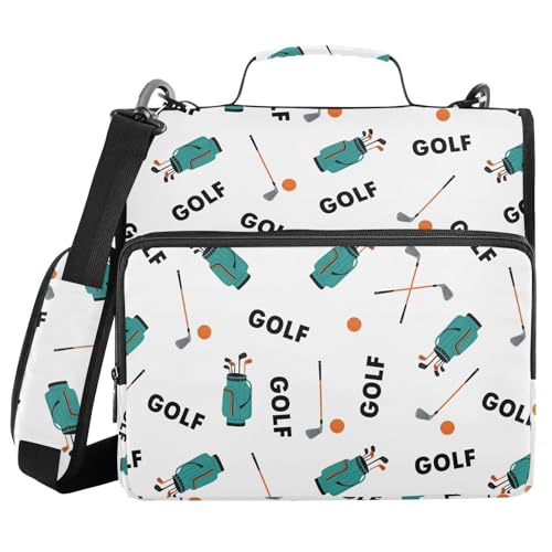 Golf Print 3 Ring Zipper Binder with Shoulder Strap & Handle 1.5 Inch D-Ring Zippered Bag with Pencil Pouch,Multiple Pocket & Expanding File Folder, Binder Organizer for School or Office - color: Golf Ball White