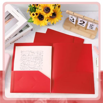 Gueevin 50 Pcs Plastic Folders with Pockets, Back to School Two Pocket Folder Fit Letter Size, Heavy Duty School Business Card Holder for Home Office, 11. 61 x 9. 45 Inches (Red) - color: Red