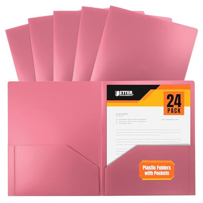 Better Office Products Heavyweight Plastic 2 Pocket Portfolio Folder, Letter Size Poly Folders, 24 Pack (Pink) - color: Pink