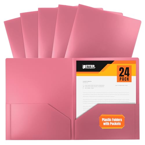 Better Office Products Heavyweight Plastic 2 Pocket Portfolio Folder, Letter Size Poly Folders, 24 Pack (Pink) - color: Pink