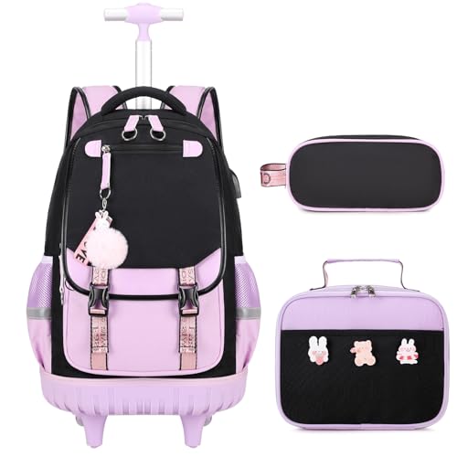 Bevalsa Rolling Backpack for Girls, 3PCS Roller School Backpack Set | with Lunch Box & Pencil Case, Kids Bookbag with Wheels for Teen Girls Elementary Middle High School Students - color: Black Purple
