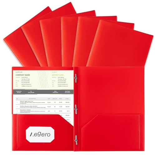 Aegero Folders with Pockets and Prong with Fasteners (6 Pack,Red),Durable Plastic Pocket Folders with Prongs,Tear Resistant,2 Pocket 3 Prong Folders for Schoolwork & Office,Letter Size - color: Red, size: 1 Set（6pack）