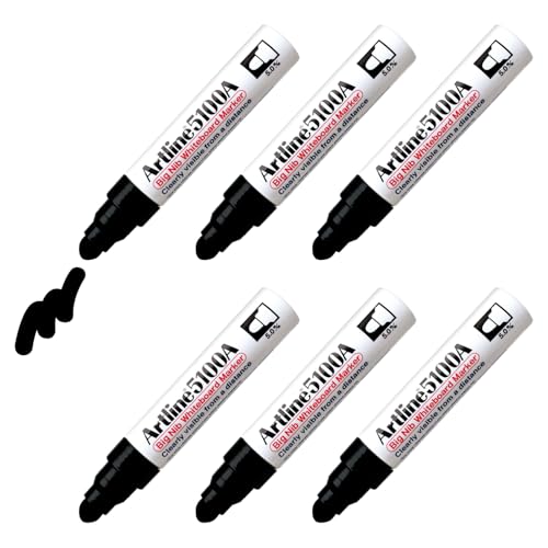 Artline 5100A Magnum Whiteboard Dry Erase Markers with Jumbo Big Nib, Extra Thick for Clear Visible Lettering, Refillable, 5.0mm Bullet Tip, Pack of 6 (Black)