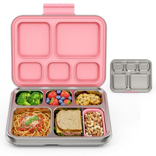 Pawtong Stainless Steel Lunch Box, 5-Compartment Bento Lunch Box for Kids & Adults,Metal Lunch Box with Removable Silicone Container, Lunch Box Containers for School,Office(Pink) - color: Pink