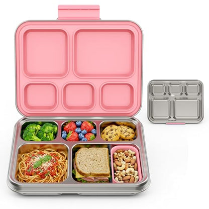 Pawtong Stainless Steel Lunch Box, 5-Compartment Bento Lunch Box for Kids & Adults,Metal Lunch Box with Removable Silicone Container, Lunch Box Containers for School,Office(Pink) - color: Pink