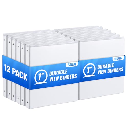 SUIN Bulk 12 Pack 1-inch 3 Ring Binders -Durable 1'' Binders with Roung Ring Binder, Large 200 Sheet Capacity, Fit 8.5" x 11" US Letter Size Paper, White (1'' White - 12 Packs) - size: 1'' White - 12 Packs