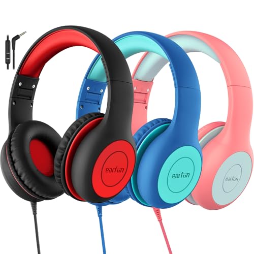 EarFun 3Packs Kids Headphones Wired with Microphone, 85/94dB Volume Limit Headphones for Kids, Portable Wired Headphone with Shareport, Stereo Sound Foldable Headset for School/Tablet/iPad/Kindle - color: Blue&Black&Pink