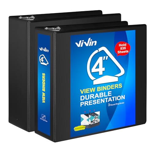 ViVin Durable 4 inch D Ring View Binder, Large 4" Slant-D Ring with 835-Sheet Capacity, Fit 8.5" x 11" Paper, 2 Pack(Black) - color: Black, size: 4 Inch, style: 2 Pack