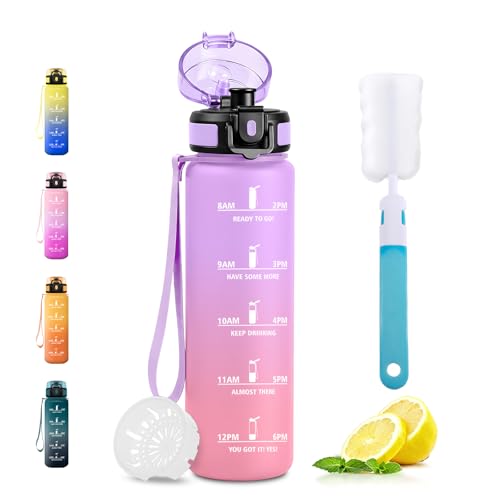 500ml Water Bottle with Motivational Time Marker, Leak Proof, Water Bottle with Filter, BPA Free Water Bottles for School, Students, Office, Gym - color: 500ml | Light Lilac + Light Pink, size: 16.9 Ounces