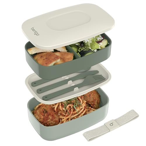 Bentgo Classic - Adult Bento Box, Stackable 3-Compartment Lunch Box with Removable Utensil Set and Sealing Strap, BPA-Free, Food Container Ideal for Meal Prep, Work, and On the Go (Khaki Green) - color: Khaki Green