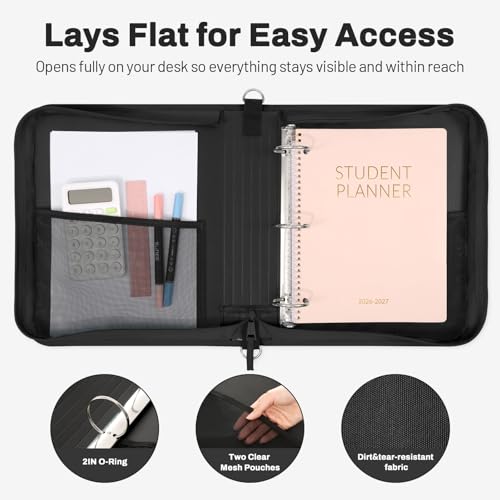 SUNEE Zipper Binder with 2-Inch O-Rings, 13-Inch Laptop/Tablet Sleeve, 450 Sheet Capacity, Sturdy Carry Handle & Adjustable Shoulder Strap, Schoo & Office Organizer, Black - color: Black