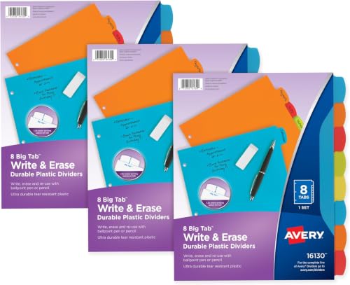 Avery Big Tab Write & Erase Durable Plastic Dividers,8-Tab Set,Multicolor Brights,3 Sets (21210),(Pack of 8) - size: 8 tab (Pack of 8), style: 3 Sets