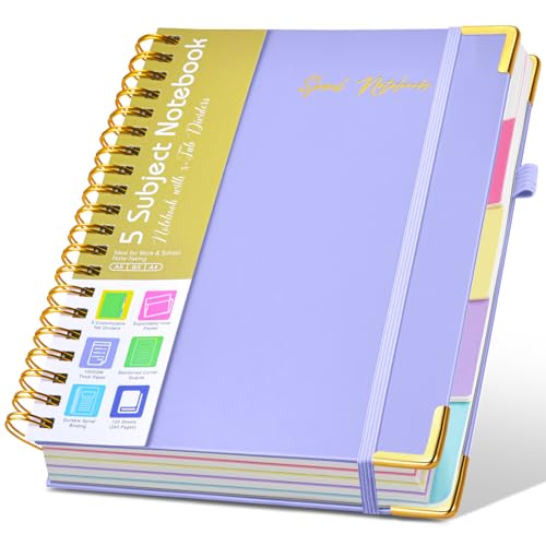 Hardcover Spiral Notebooks for Work, 5 Subject Notebook College Ruled with Dividers Tabs, Lined Organizer Notebook Journal for Women, 240 Pages Small A5 Notebooks for School Note Taking, 5x7 Purple - color: Paper-purple, size: A5（6.2" x 8.2"）