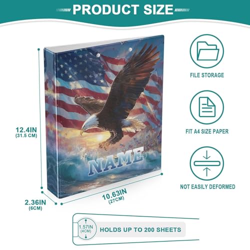 Custom 3 Ring Binder Flag Eagled White Bird 1.5" Round Ring Binders Personalized Name View Binder with 200 Sheet for School Supplies Women Men Office, 1 Pack - color: Custom Flag Eagled White Bird