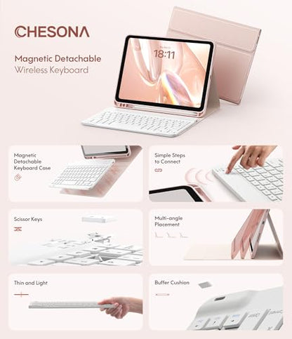 CHESONA Keyboard Case for iPad A16 11th/10th Gen, Pink | Detachable Wireless Keyboard, Multi-Angle Folio Stand, Built-in Pencil Holder, Thin & Lightweight Design - color: Pink