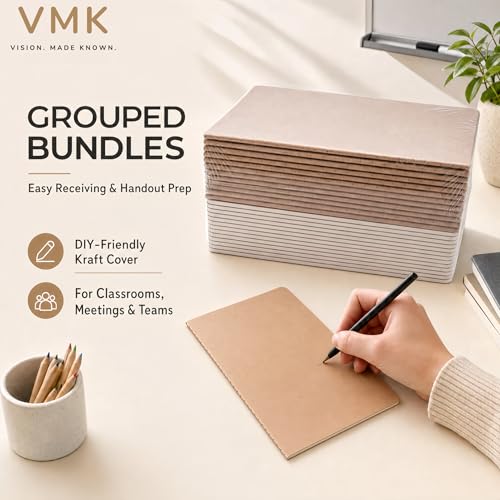 VMK 100 Pack A5 Wide Ruled Lay Flat Notebooks Bulk, Kraft Brown Softcover | 30 Sheets/60 Pages Each, Thread-Sewn Binding, 80gsm Paper, 4 Bundles of 25 for Schools, Programs, and Large Groups - color: Kraft