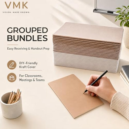 VMK 100 Pack A5 Wide Ruled Lay Flat Notebooks Bulk, Kraft Brown Softcover | 30 Sheets/60 Pages Each, Thread-Sewn Binding, 80gsm Paper, 4 Bundles of 25 for Schools, Programs, and Large Groups - color: Kraft